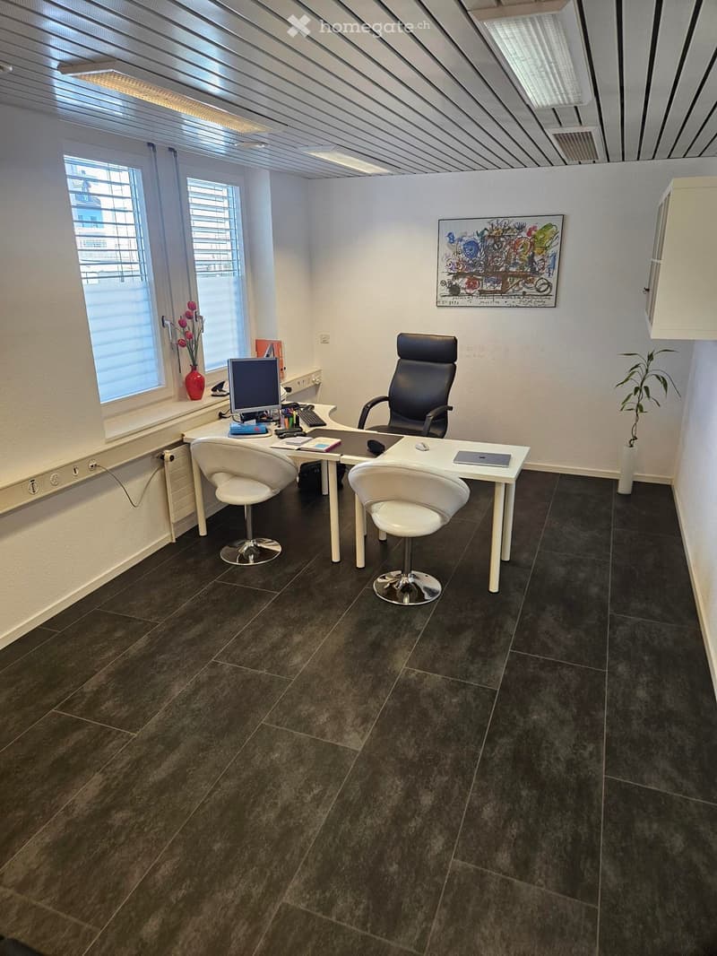 Modern office space with dark tiled flooring, white walls, large windows, a desk with a computer, two chairs, a plant, and a colorful painting on the wall.