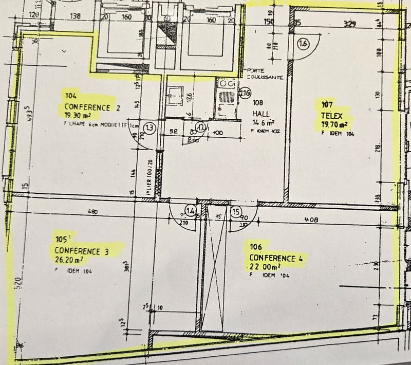 Floor plan showing multiple conference rooms, a hall, and a telex area with labeled dimensions and room numbers.