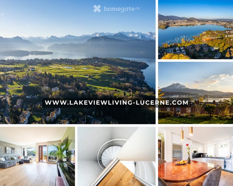 Collage of scenic views and modern interiors, including a living room with a sofa and coffee table, a dining area with a table and chairs, and a kitchen with an oven and fridge.