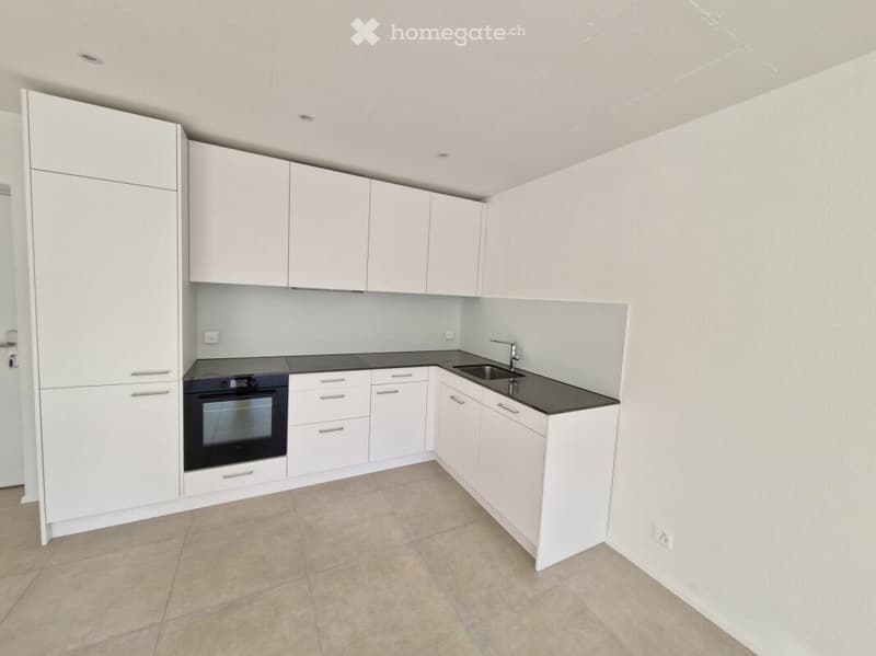 Modern kitchen with white cabinets, black countertop, built-in oven, and stainless steel sink.