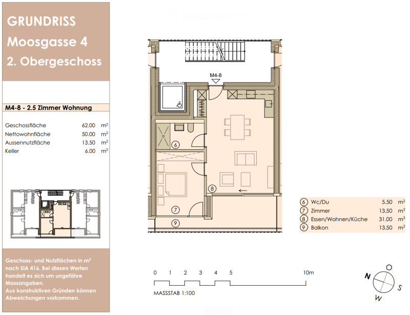 Floor plan of a 2.5-room apartment on the second floor, including a living/dining/kitchen area, bedroom, bathroom, and balcony.