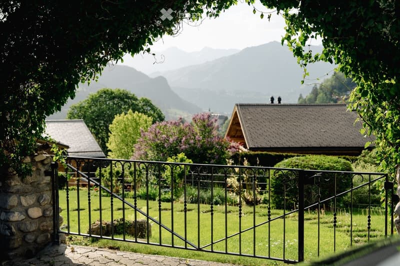 A lush garden with a black metal gate, green grass, flowering shrubs, and a scenic mountain view in the background.