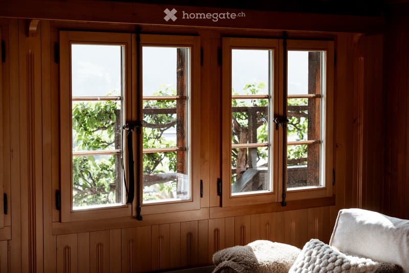 A cozy room with wooden walls and large windows, featuring a white sofa with a soft blanket draped over it.