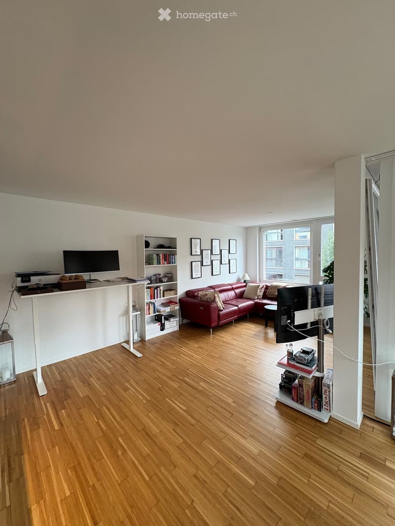 Modern living room with wooden flooring, red leather sofa, white shelving unit, TV, and decorative items.
