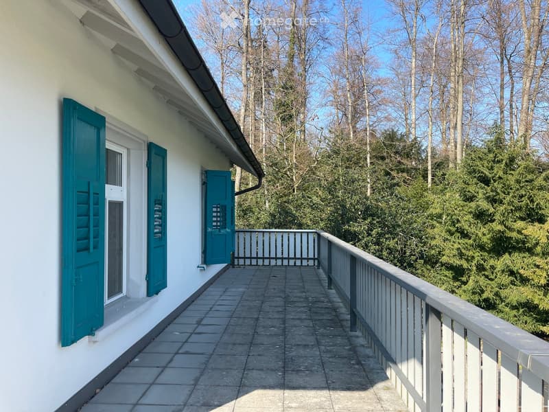 A balcony with a tiled floor, white walls, and teal shutters. The balcony has a wooden railing and overlooks a forest.