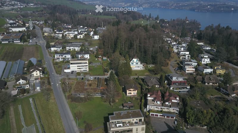 Aerial view of a residential area with various houses and buildings, surrounded by trees and greenery.