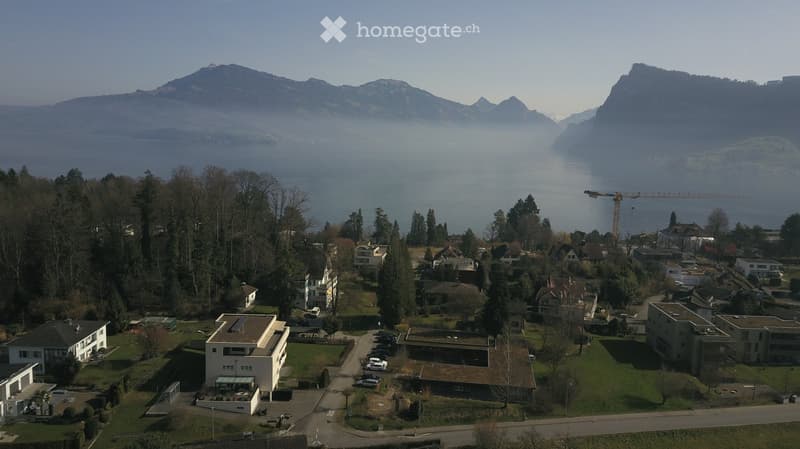 Aerial view of a residential area with houses, mountains, and a lake in the background.