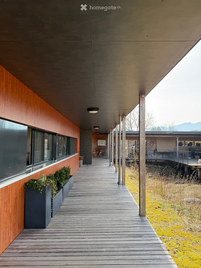A wooden walkway with a modern architectural design, featuring a wooden floor, a ceiling with lights, and a wall with a combination of wooden and metal panels. There are three large planters with greenery on the left side. The walkway leads to a building