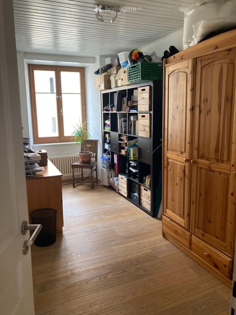 The room features wooden flooring, a large wooden cabinet, a bookshelf filled with books and storage boxes, a small table with a potted plant, and a radiator beneath a window. A trash bin is also visible near the door.
