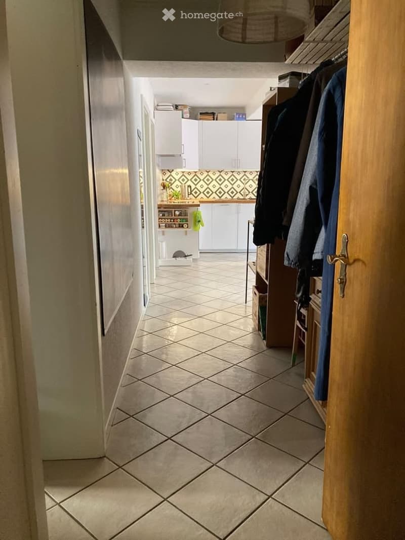 A narrow hallway with tiled flooring, leading to a kitchen area visible at the end. The hallway has white walls and a wooden door on the left side.