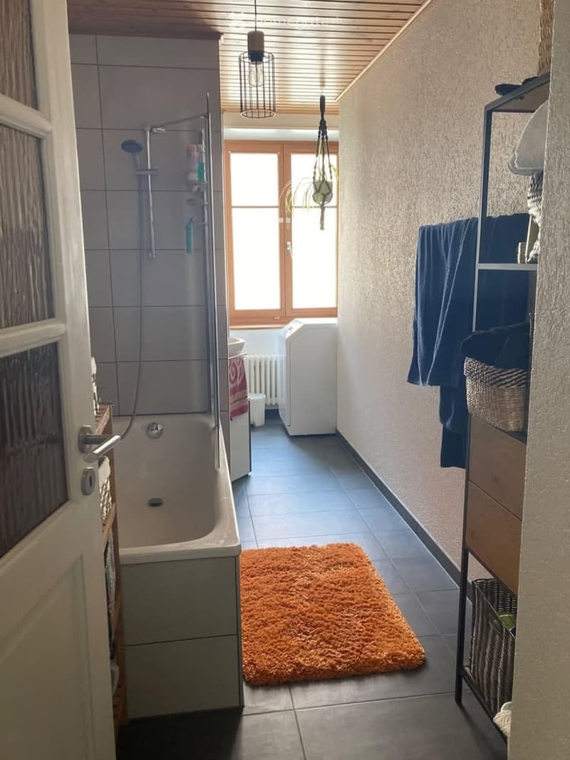 Bathroom with a bathtub, shower, radiator, washing machine, towel rack, and a small orange rug on the floor.
