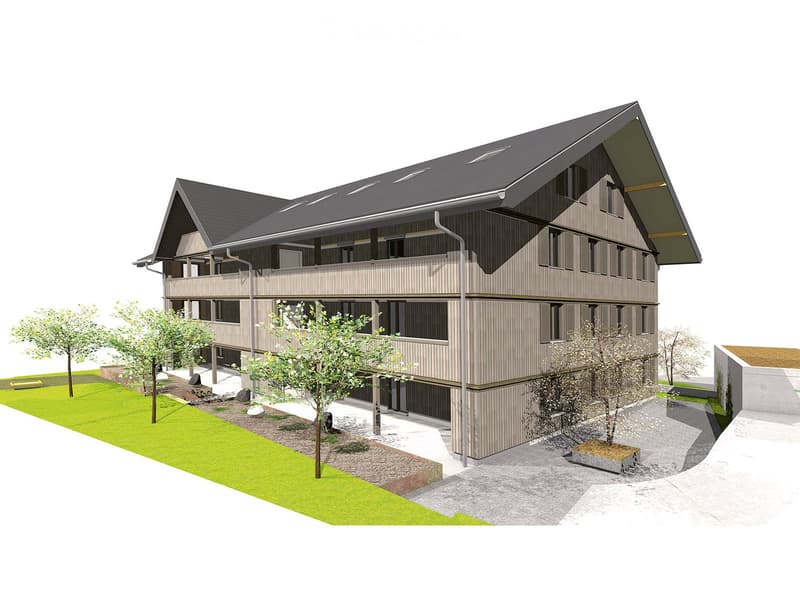 3-story modern house with a sloped roof, large windows, and a balcony on the second floor. The house is surrounded by a well-maintained lawn, trees, and a paved driveway.