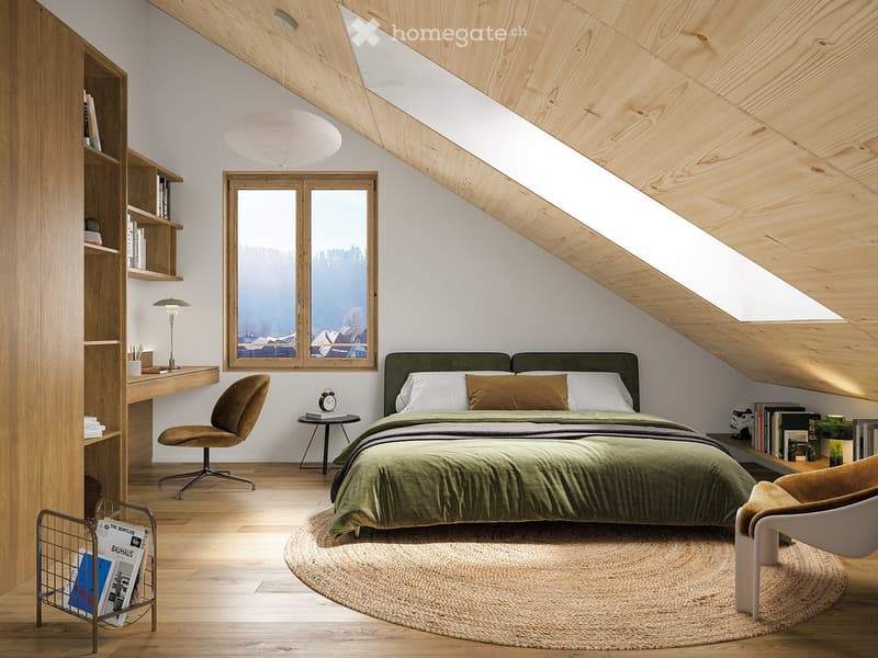 Modern attic bedroom with wooden slanted ceilings, large window, bed with green bedding, desk, chair, shelf, and round rug.