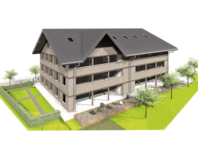 3-story residential building with a modern design, featuring a grey roof, multiple windows, and a balcony on the second floor. The building is surrounded by a well-maintained garden with green lawns, shrubs, and trees.