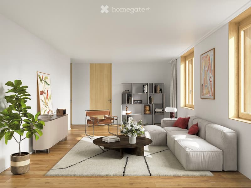 Modern living room with white walls, wooden flooring, large windows, a sectional sofa, coffee table, armchair, bookshelf, and decorative plant.