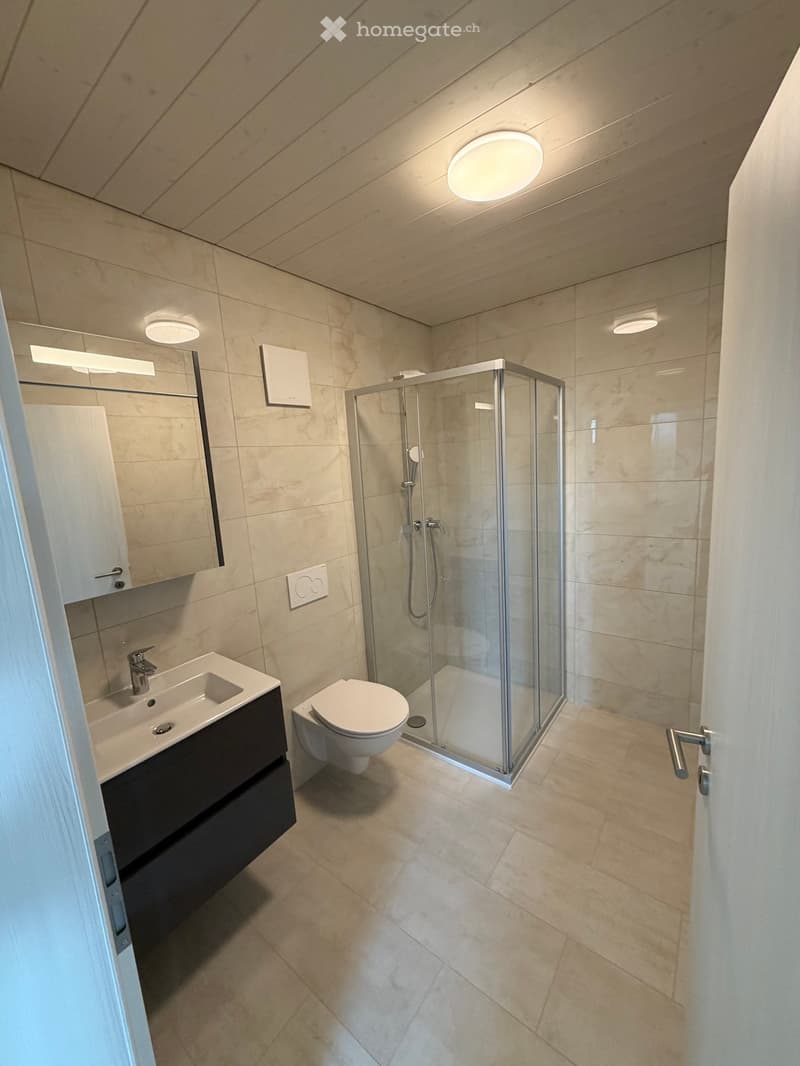 Modern bathroom with beige tiles, a glass-enclosed shower, a toilet, a sink with a dark wooden cabinet, and a mirror with built-in lighting.