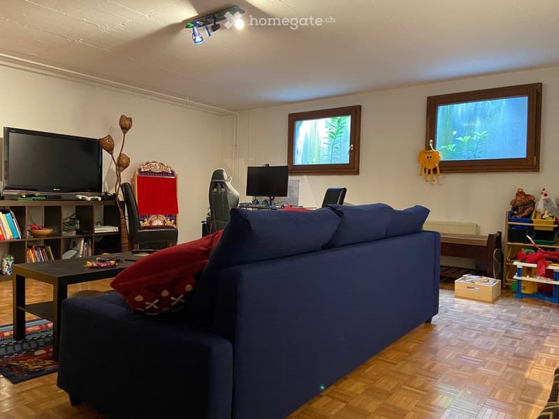 A cozy living room with a blue sofa, red cushions, a coffee table, a television, a bookshelf, and a laptop on a desk. The room has wooden flooring and large windows with a view of greenery.