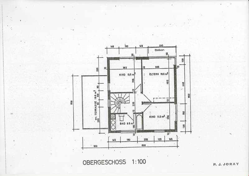 Floor plan of the upper floor showing a terrace, bathroom, two children's rooms, and a balcony.