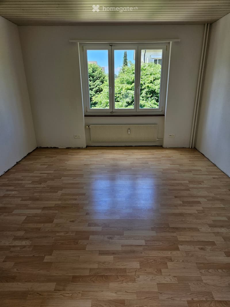 Empty room with wooden flooring, white walls, a large window with a view of greenery, and a radiator below the window.