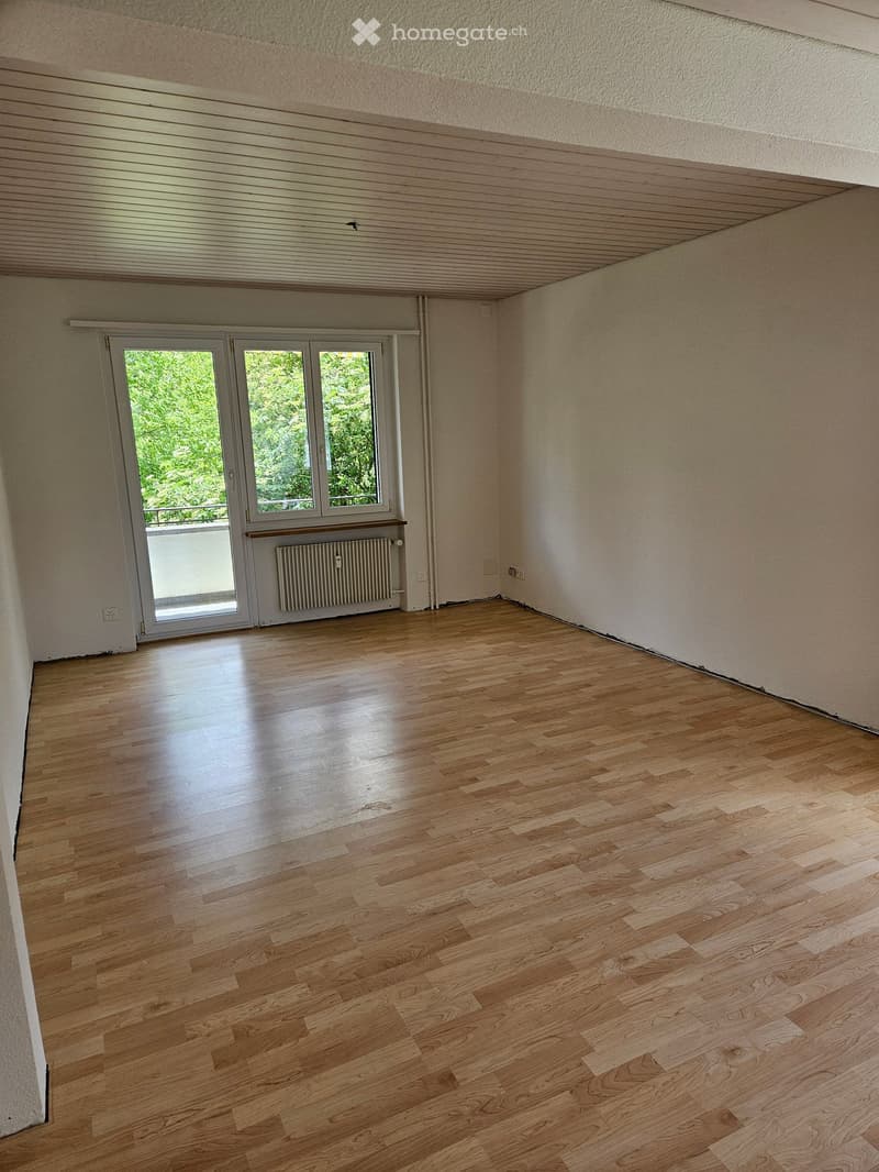 Empty room with wooden flooring, white walls, large window with sliding doors, radiator, and visible electrical outlets.