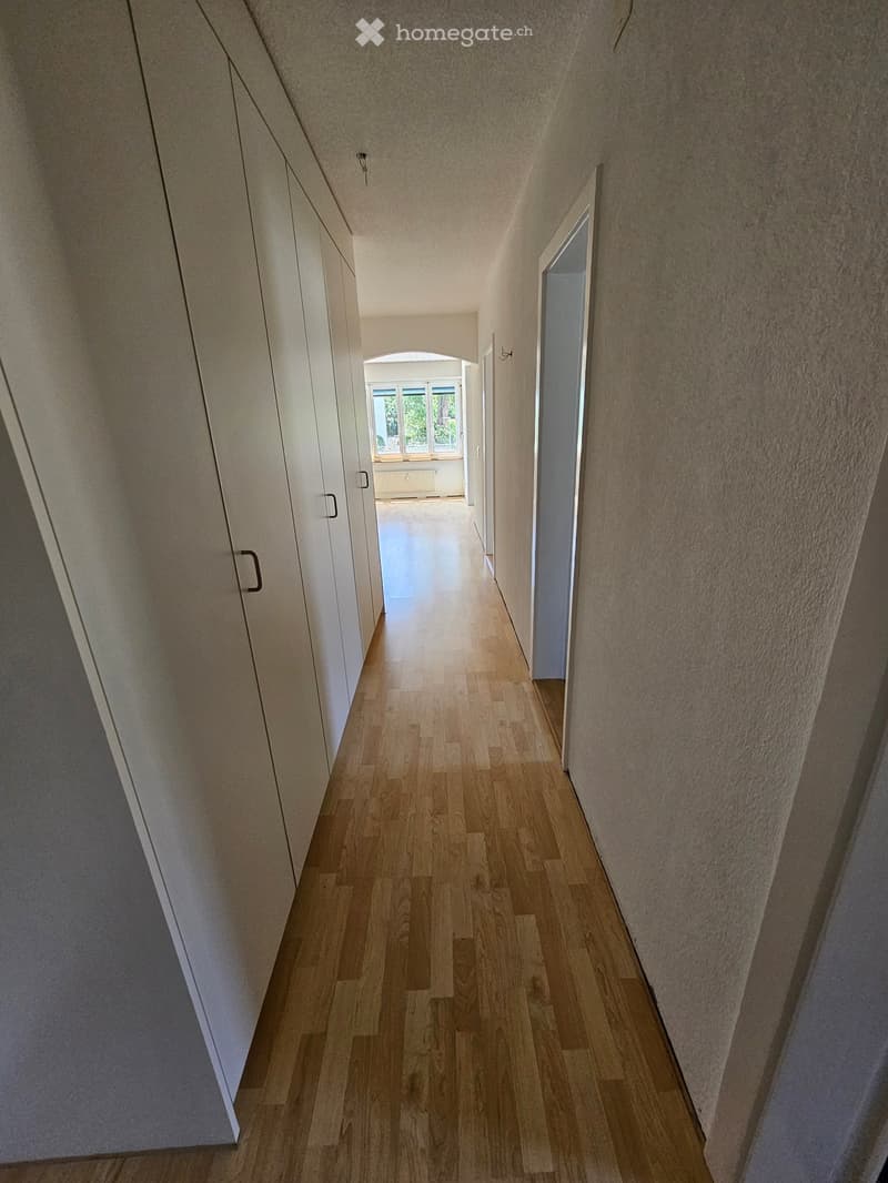 A narrow hallway with wooden flooring, white walls, and built-in white cabinets on one side. The hallway leads to a room with large windows and a view of greenery.