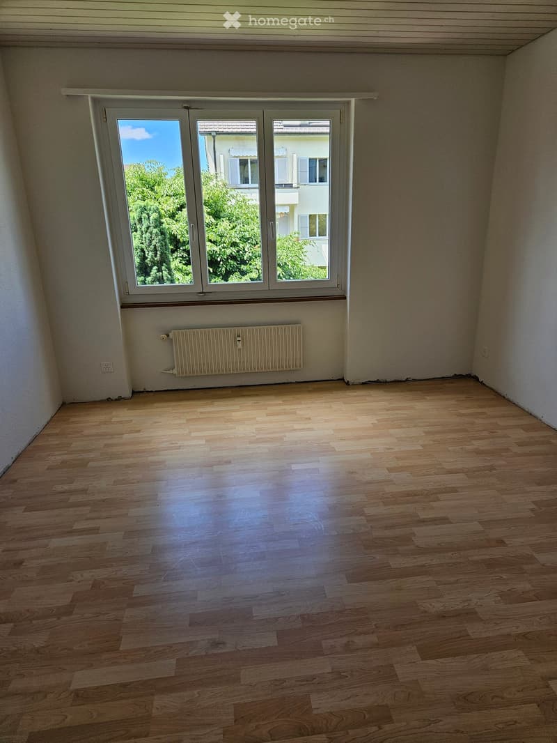 Empty room with wooden flooring, large window with view of greenery, radiator, and neutral-colored walls.
