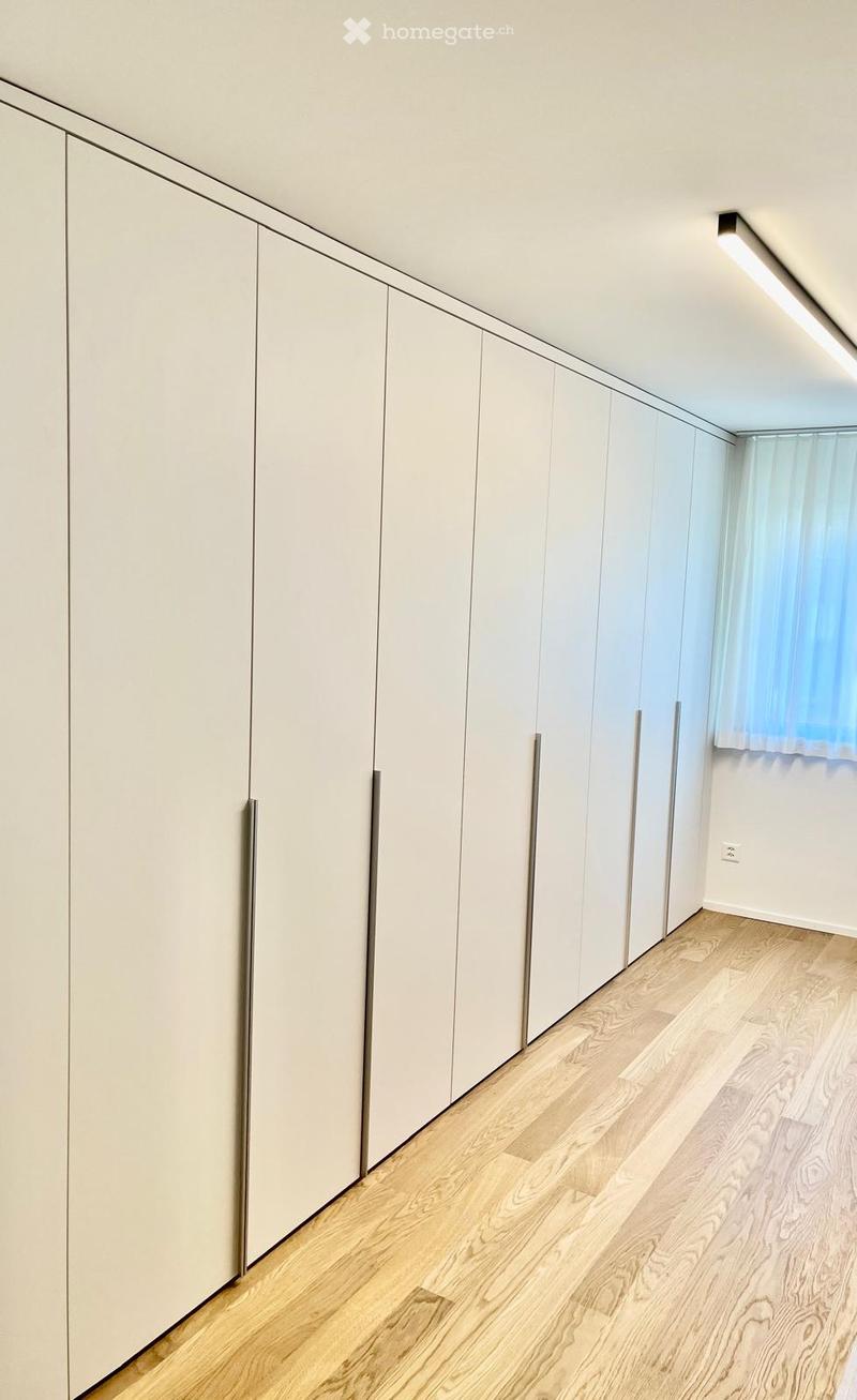 Empty room with white cabinets, wooden floor, white walls, and modern light on ceiling