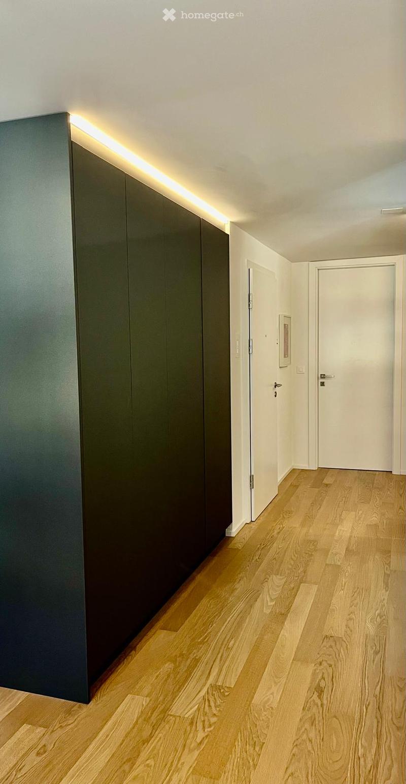 wooden floor, tall cabinets, white walls, white door, light