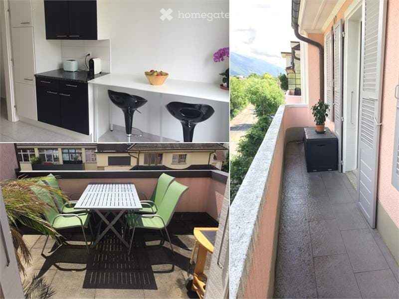 Four images showing a modern kitchen with black cabinets, white countertops, and two black bar stools, and three balconies with outdoor furniture including a small table, chairs, and potted plants.