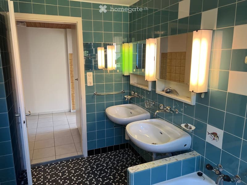 Bathroom with two sinks, mirrors, shelves, and a bathtub, featuring green and blue tiles.
