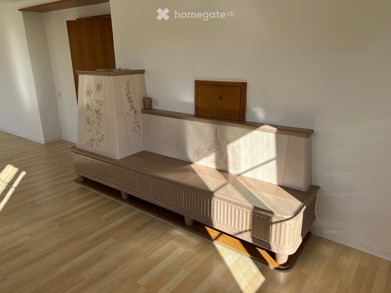 A modern hallway with a wooden floor, a decorative radiator, a cabinet, and a small wooden cupboard.