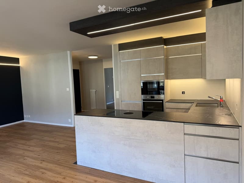 Modern kitchen with a central island, induction cooktop, built-in oven, and stainless steel sink.