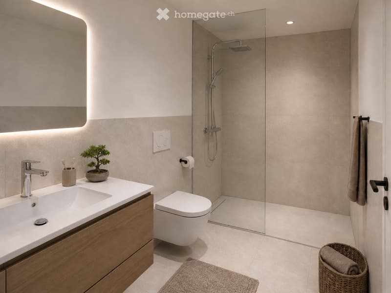 Modern bathroom with a double sink, sleek faucet, built-in wooden cabinet, toilet, glass-enclosed shower, and decorative potted plant on the sink counter.