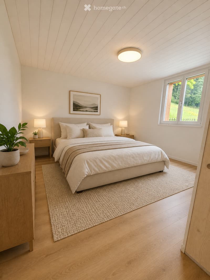 Modern bedroom with a large bed, nightstands, lamps, a plant, and a picture frame on the wall. The room features wooden flooring and large windows with a scenic view.