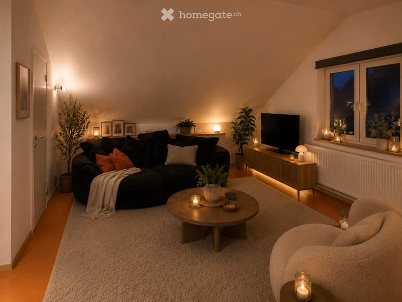 Modern living room with a black sectional sofa, wooden coffee table, armchair, side table, TV, and decorative plants.