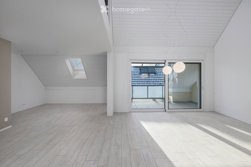 Bright, empty room with wooden flooring, white walls, and large glass doors leading to an outdoor area. Features a skylight and modern pendant lights.