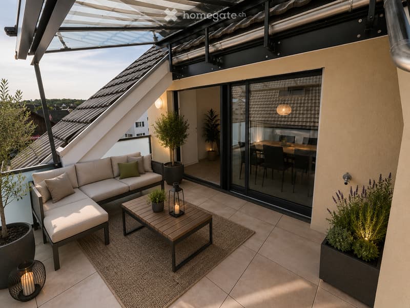 Modern rooftop terrace with a beige sectional sofa, wooden coffee table, dining area with chairs and table, potted plants, and candles.