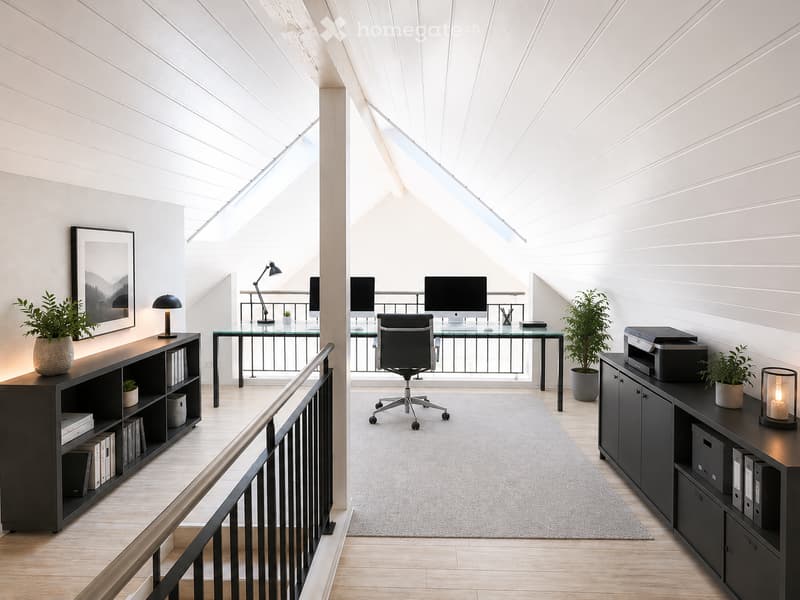 Modern, well-lit room with wooden floors, large windows, and a slanted ceiling. Features a desk with a chair, a computer screen, a lamp, and a cabinet with books and a plant. Another area includes a cabinet with a printer, a candle, and additional plants.