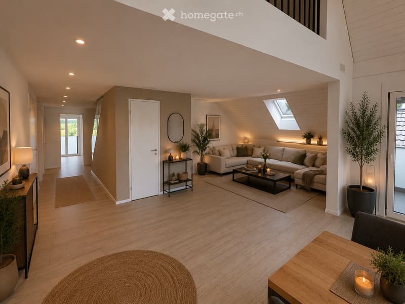 Modern living room with light wood flooring, a sectional sofa, coffee table, side table, floor lamp, and potted plants.