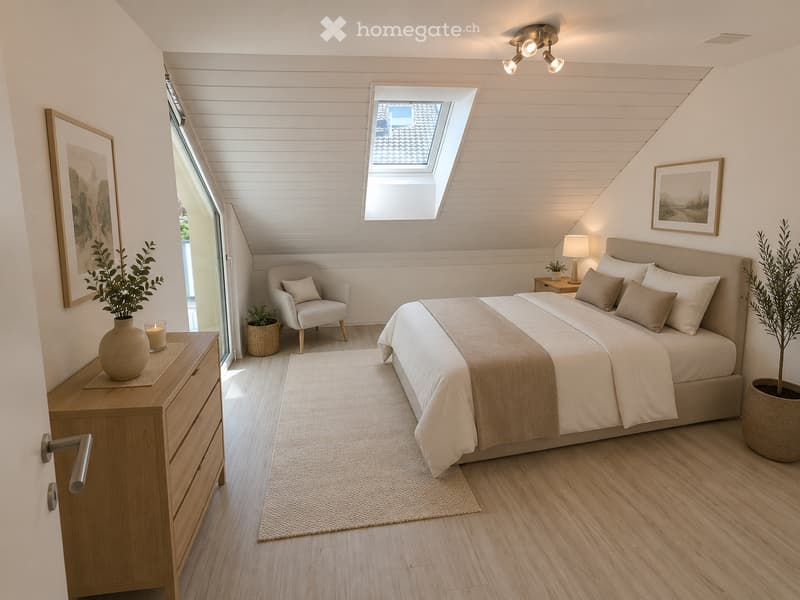 Modern bedroom with a large bed, nightstand, armchair, and decorative items including a vase and potted plants. Features wooden flooring, white walls, and a skylight window.