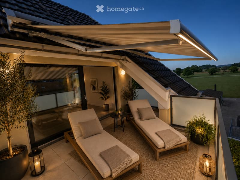 Balcony with two sun loungers, a small table, potted plants, and decorative lanterns, featuring a retractable roof and a view of a green landscape.