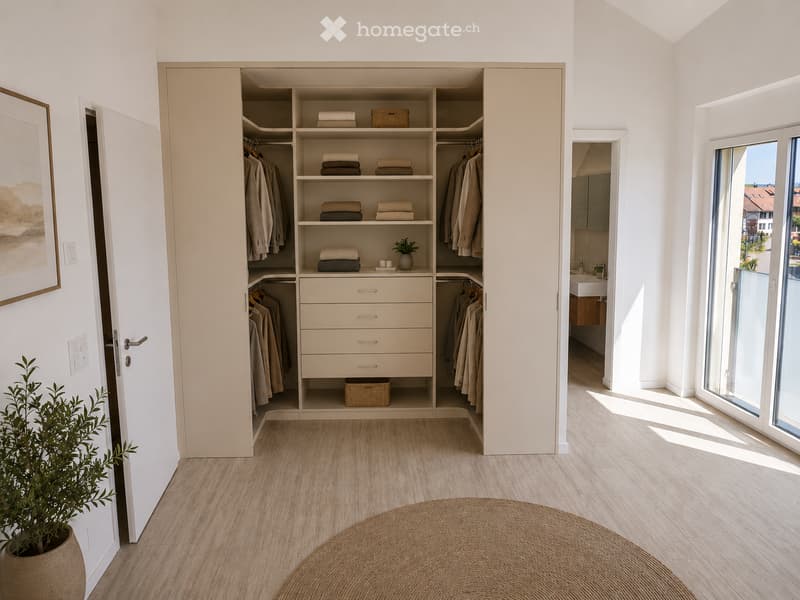 Modern, well-lit bedroom with a large built-in wardrobe, neatly organized with folded towels and clothing, a small plant on the shelf, a round woven rug on the floor, and a view of the city through large windows.