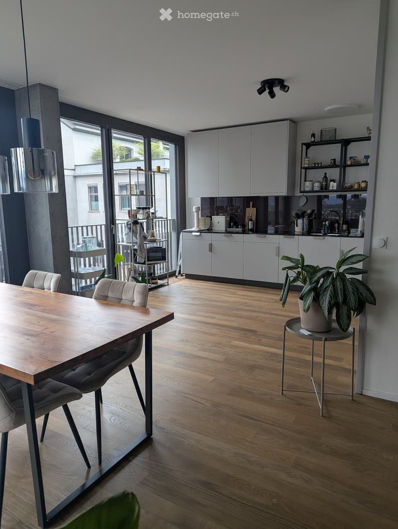 Modern open-plan living and dining area with wooden flooring, white kitchen cabinets, a dining table with chairs, and a potted plant on a side table.