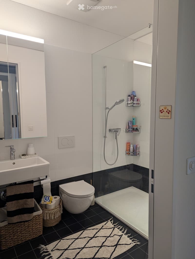 Modern bathroom with white tiles, black accents, a glass-enclosed shower, a toilet, a sink with a mirror, and a towel basket.