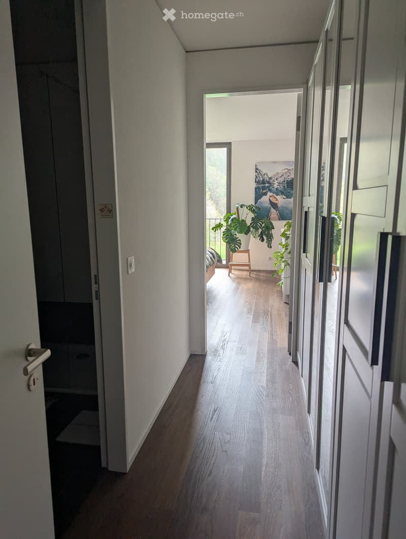 A modern hallway with light wooden flooring, white walls, and a door on the left leading to another room. The hallway opens to a bright area with large windows and a view of a balcony with plants and a painting.