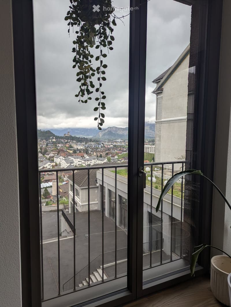 Balcony with metal railing, overlooking a cityscape with buildings and mountains in the background. Indoor plants are visible near the window.