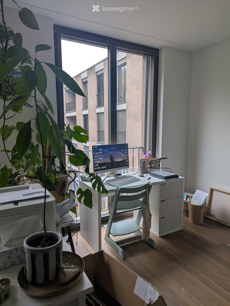 A modern, well-lit room with a desk setup, a large window with a view of a building, and several plants. The desk features a laptop, keyboard, mouse, and a screen. There is a chair, a cabinet, and a trash bin in the room.