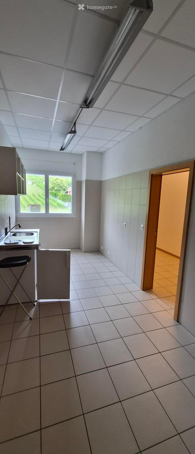 Empty kitchen with tiled floor, white walls, and a window overlooking a green area. Basic cabinetry and sink are present, but no appliances or furniture.