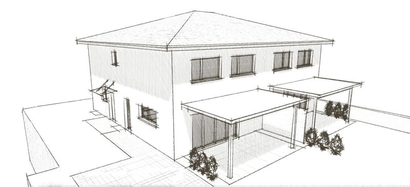A two-story house with a flat roof, multiple windows, and a covered patio area with small plants.