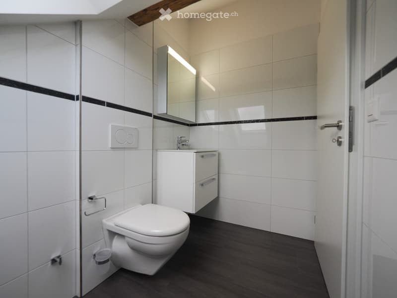 Modern bathroom with white tiles, dark wooden floor, toilet, sink, and mirrored cabinet.